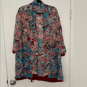 Johnny Was Floral Sheer Kimono in Teal, Red & Cream
